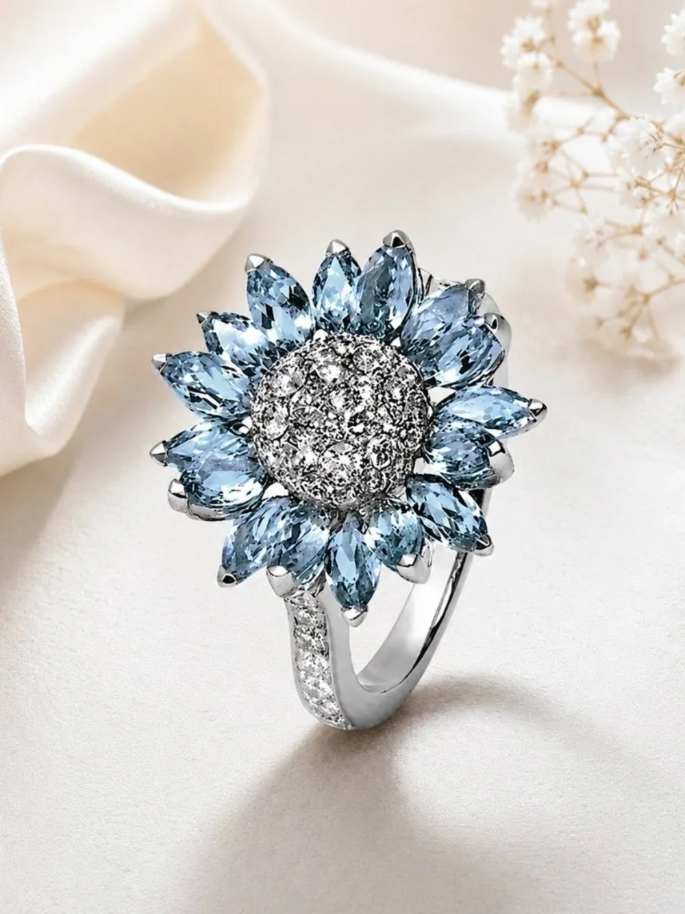 Sunflower Statement Ring Blue CZ Crystal Petals Silver Tone Size 6 NWT